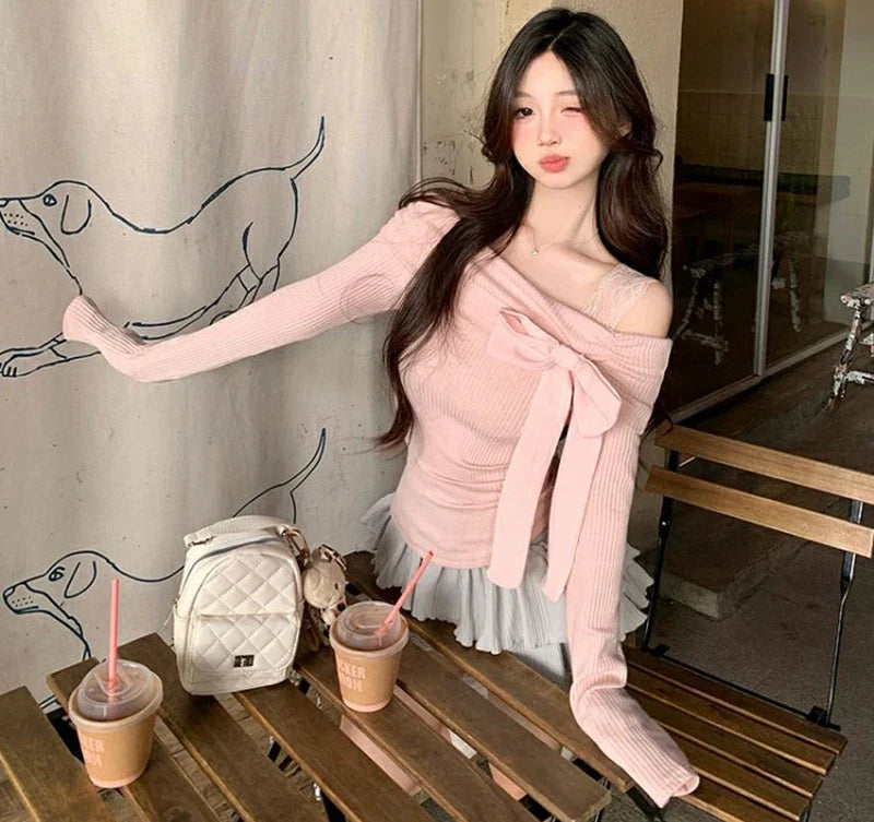 Sweet Bow Off-Shoulder Long Sleeve Shirt